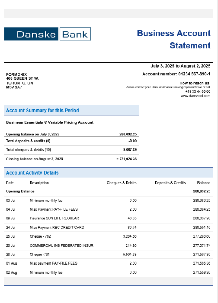 Danskebank Business Organization Checking Statement Template (100% Free ...
