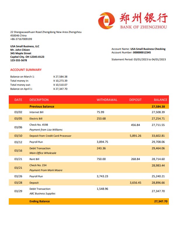 China Bank Statement Example China Business Bank Statement - bstatement.net