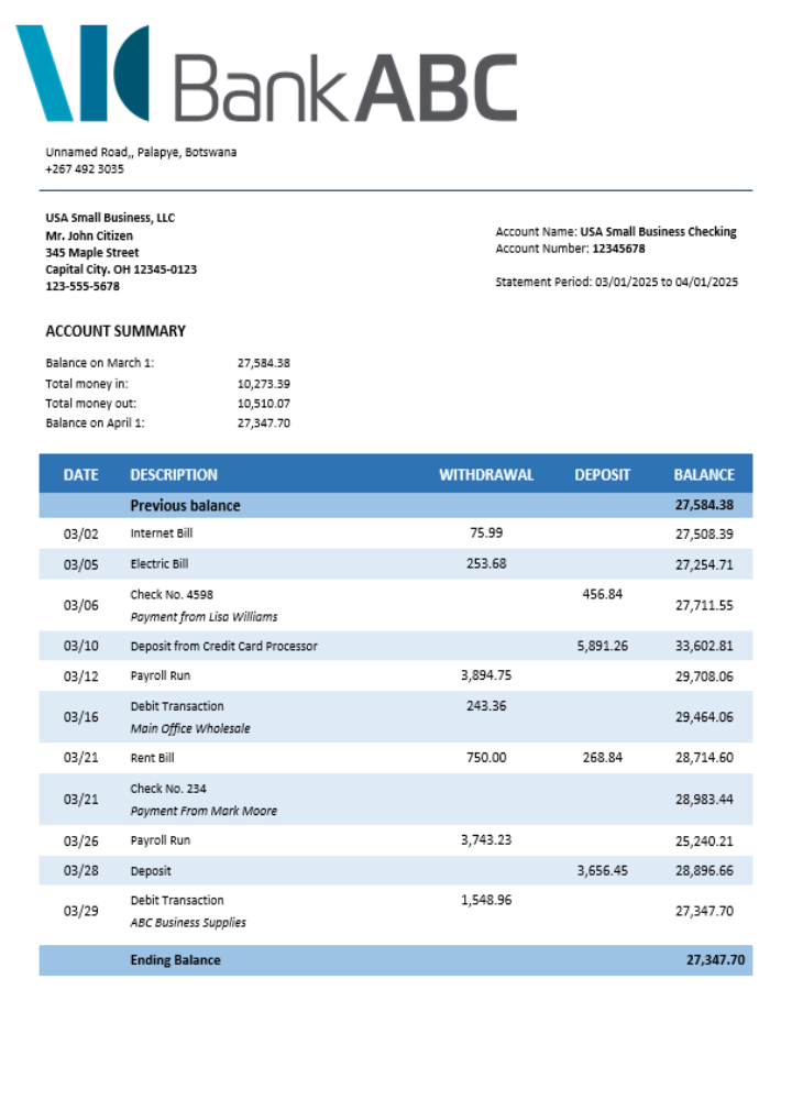 Abc Bank Company Checking Account Statement Template (100% Free ...