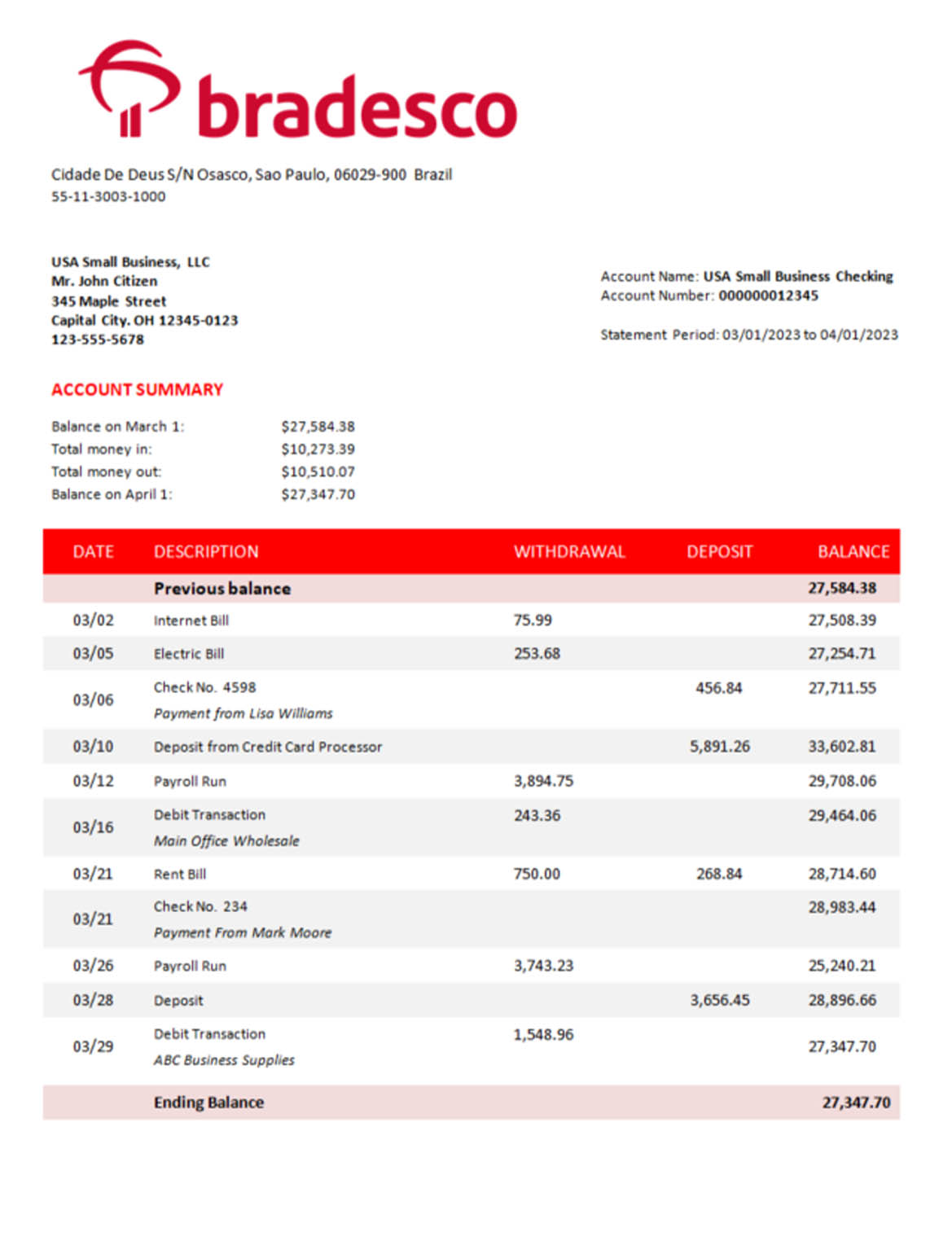 Bradesco Bank corporate account statement Word and PDF template download template