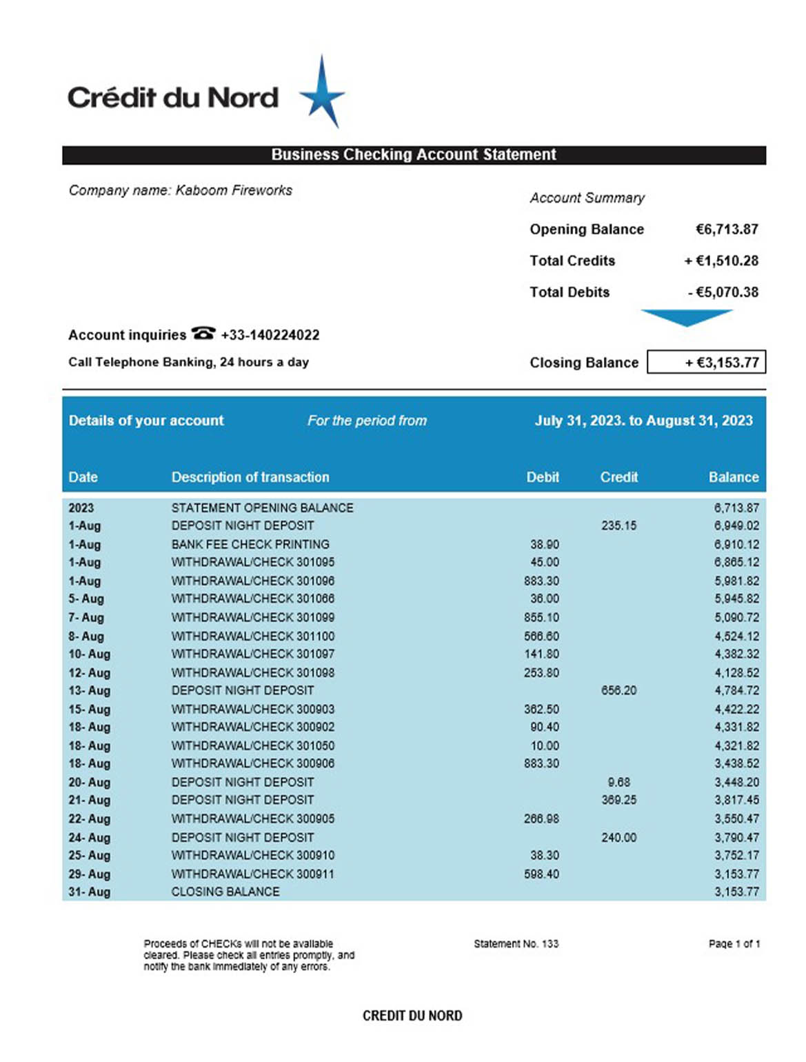 Credit du Nord enterprise account statement Word and PDF template download template