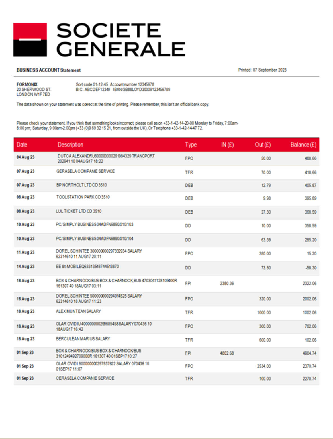 Societe Generale Bank firm account statement Word and PDF template download template