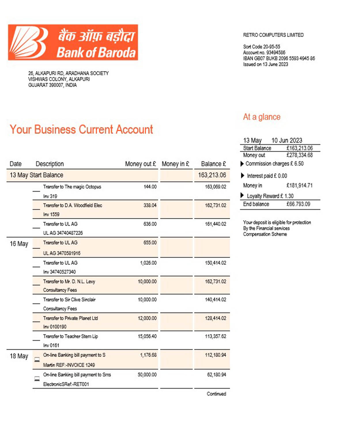 Bank of Baroda company checking account statement Word and PDF template download template