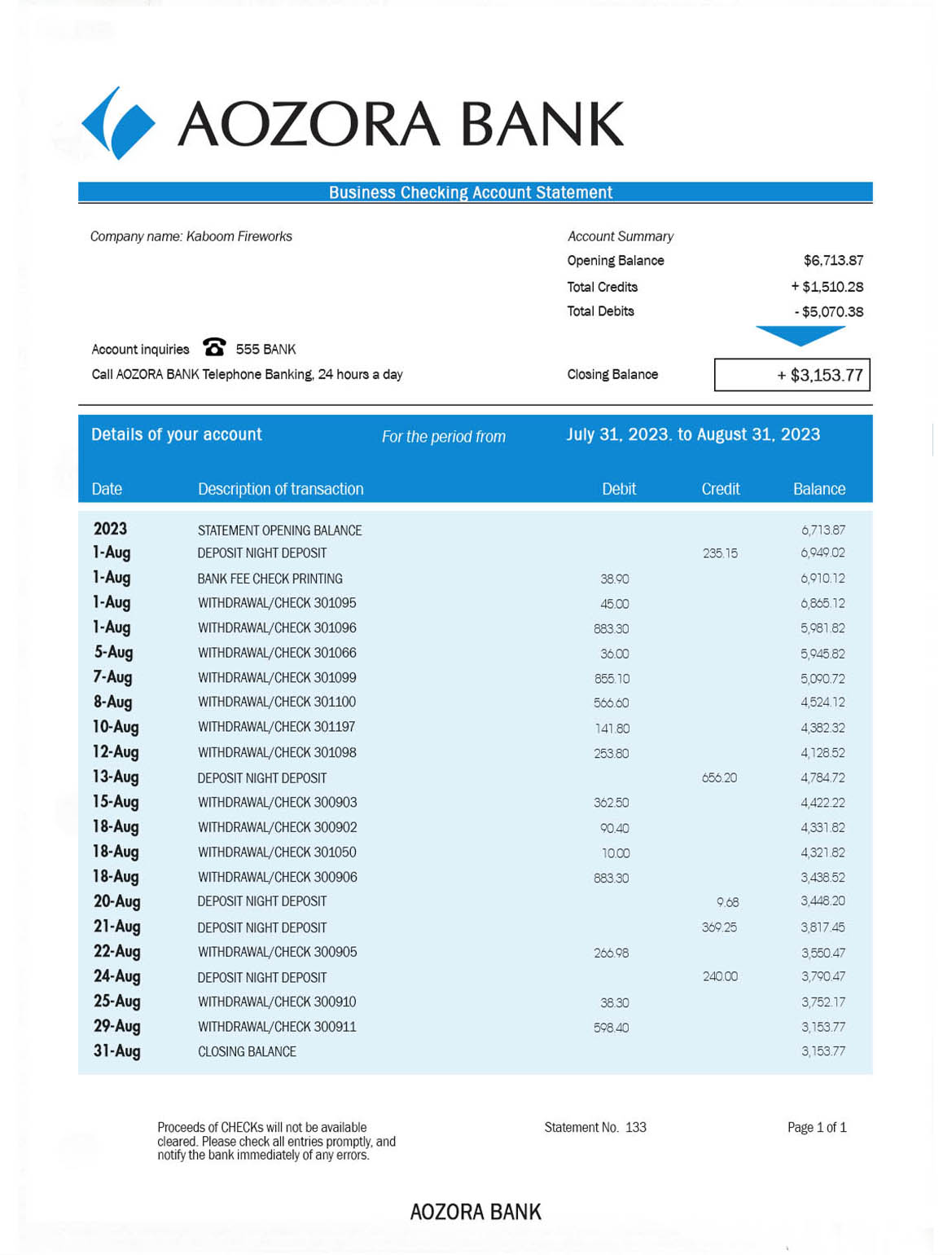 Aozora Bank organization checking account statement Word and PDF ...