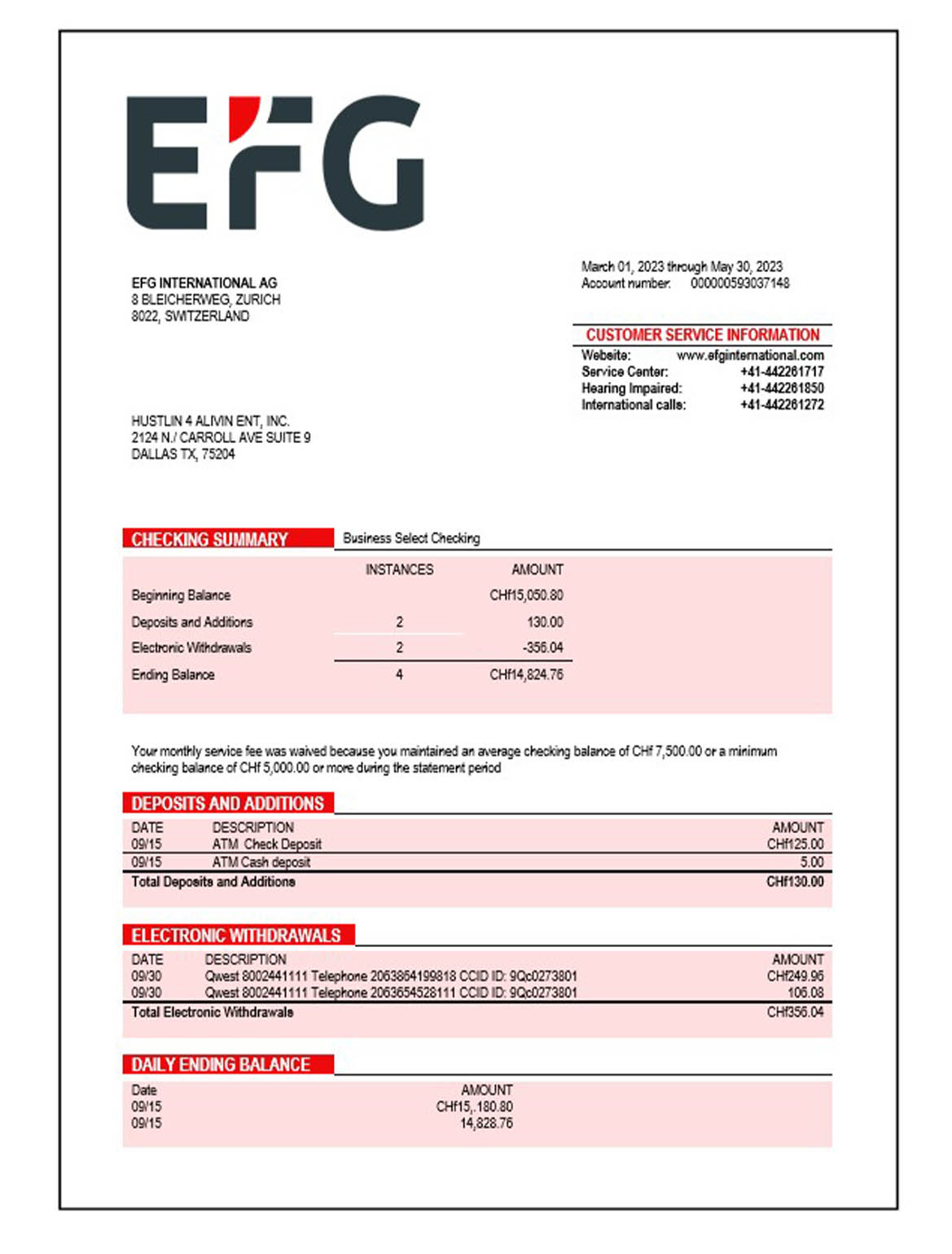 EFG Internatioanl AG Bank business statement Word and PDF template download template