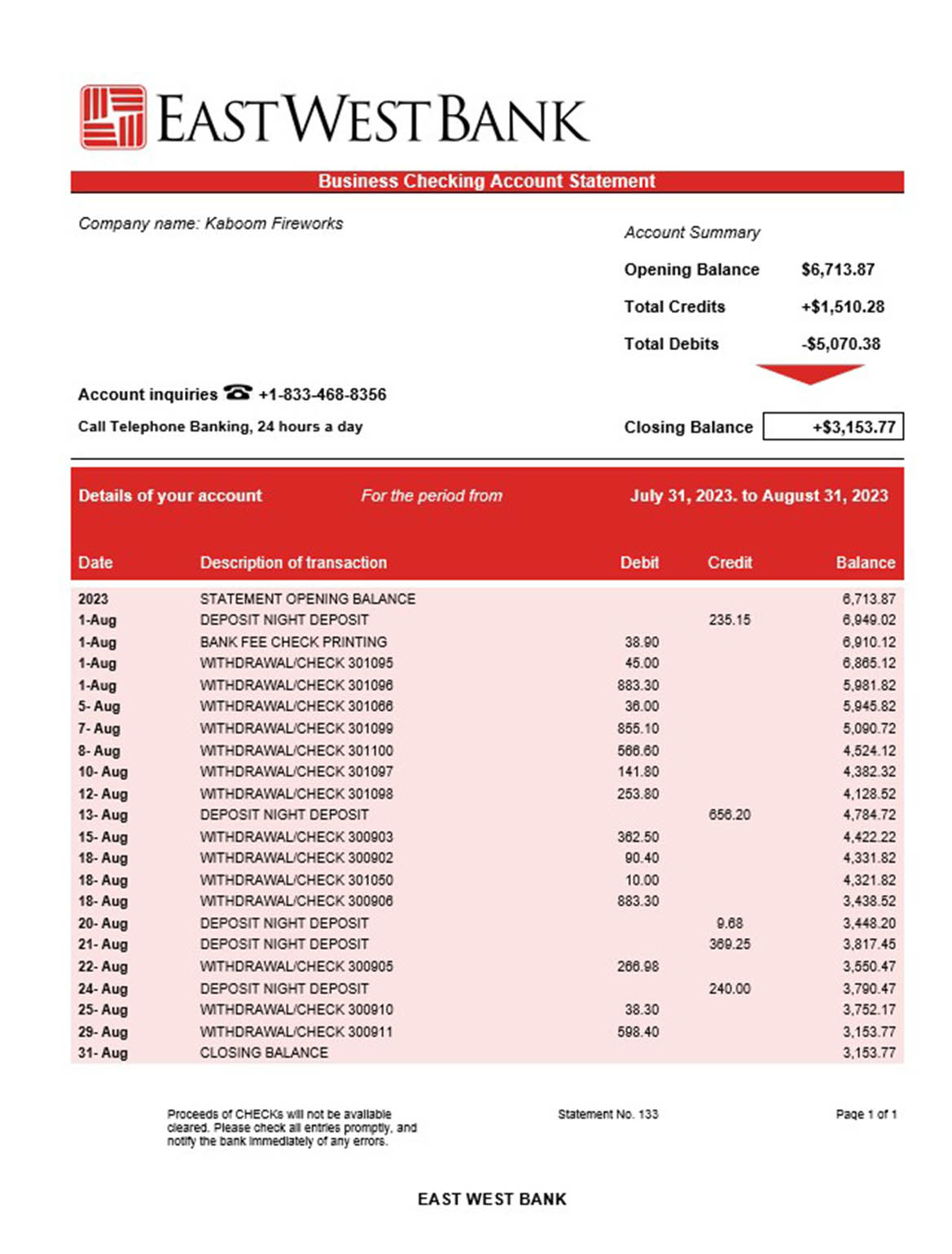 East West Bank firm account statement Word and PDF template ...